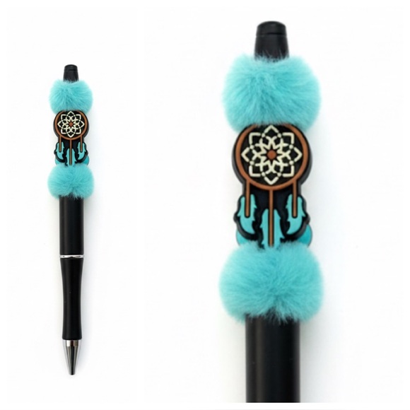 OOAK Western Artisan Pen , Refill & Bag | Turquoise Furry Pom | Real Touch Charm - Picture 3 of 8